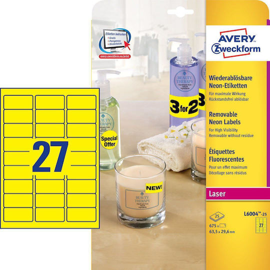 Avery 1 Piece Adhesive Labels in Yellow Colour 63.5x29.6mm