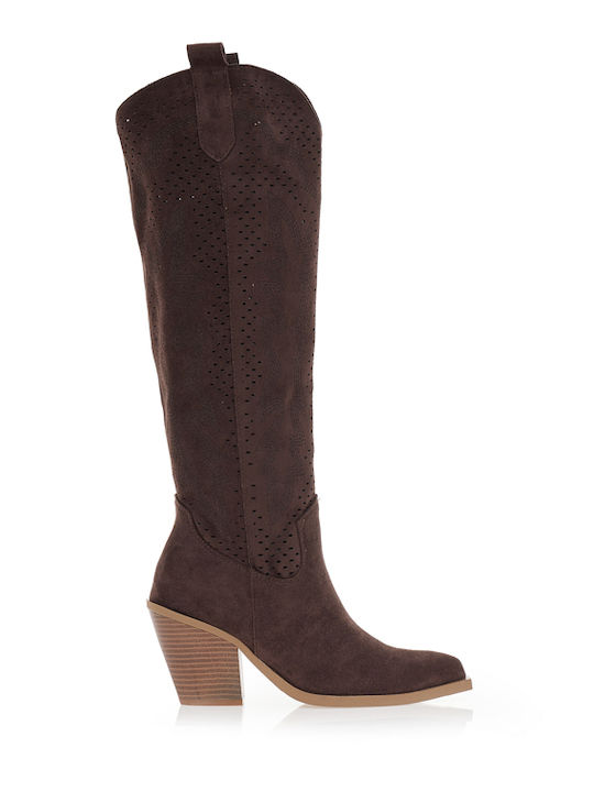 Cizme Dama Cowboy Din Suede Cu Toc Mediu Maro