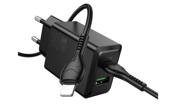 Hoco GaN Handyladegerät mit USB-A und USB-C Ausgangsanschlüssen und Kabel USB-C - Lightning 30W Stromlieferung Schwarz