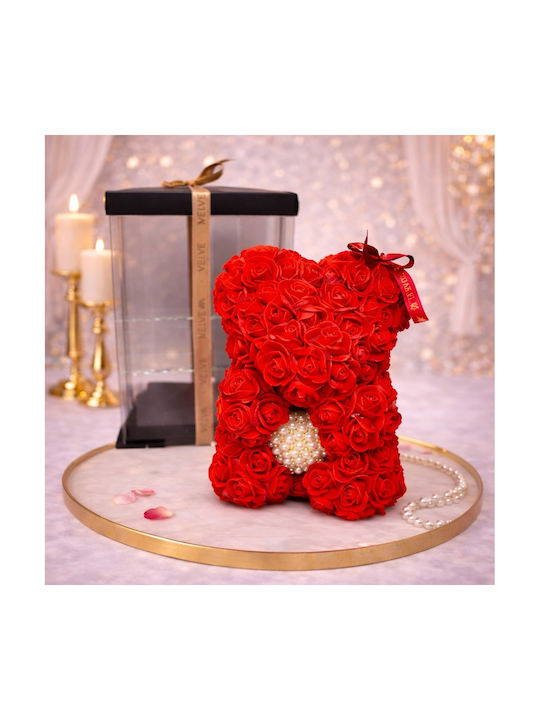 Ursuleț De Pluș Roșu Floral Din Trandafiri Din Spumă Cu O Inimă De Perle 25 Cm Decorat Manual În Cutie Cadou