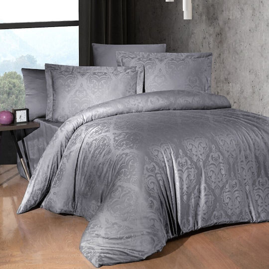First Choice Set Huse Pentru Pilote Din Bumbac Dublu Cu 4 Fețe De Pernă Și 1 Cearceaf 200x220cm Sofya Gri Baroc