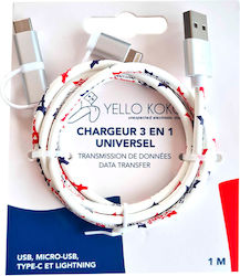 Yello Koko Kami Cablu Flat 3 A Usb La Microusb Usb-c Lightning 1m Încărcare Rapidă Alb