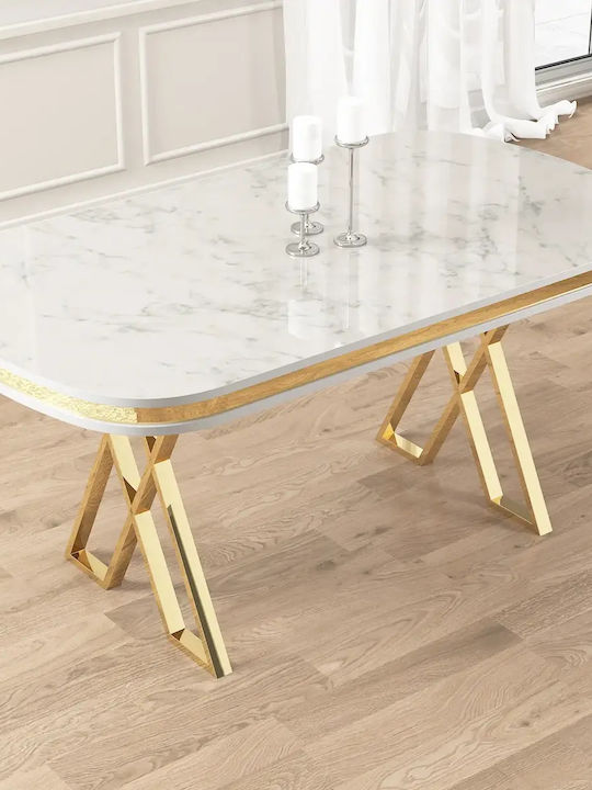 Dining Room Table MDF White Glossy Marble Effect With Gold Metal Base 170x90x75cm