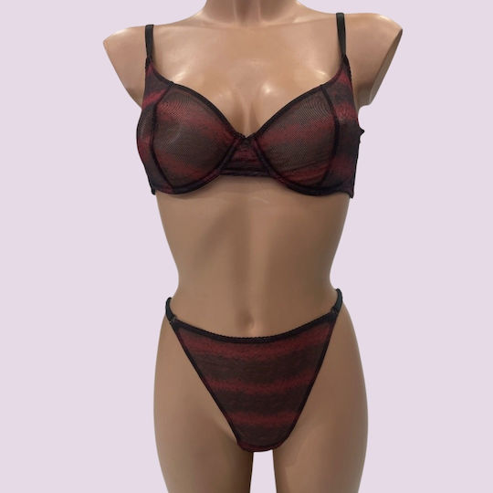 Modern Ocean Women's Sexy Lingerie Set Animal Print Red Transparent Bra & Adjustable String 5595 Red