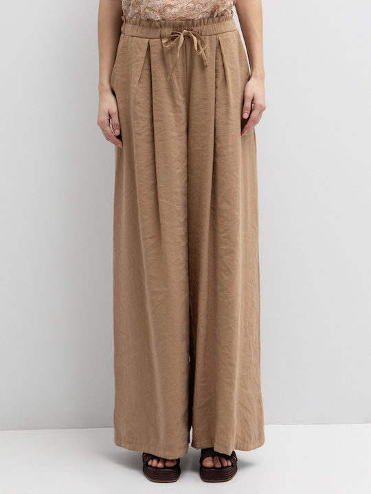 Women's High Rise Pantaloons with Rubber Band in Palazzo Fit Camel