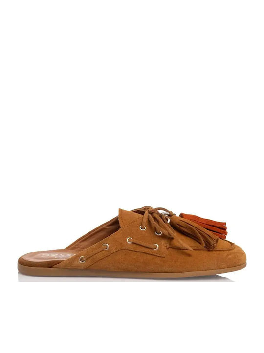 Leather Mules with Heel in Tabac Brown Colour
