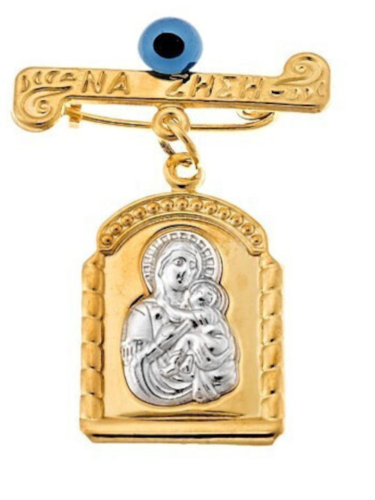 Children's Safety Pin Charm from Gilded Silver with Icon of the Virgin Mary