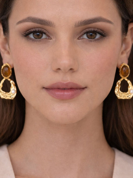 Eluna Dangle Earrings Made of Gold Plated Steel with Stones & Pearls
