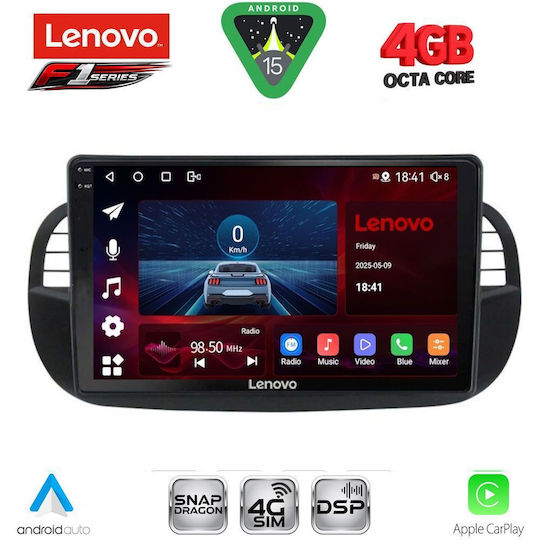 Lenovo Ηχοσύστημα Αυτοκινήτου για Fiat 500 2007-2015 (Bluetooth/USB/WiFi/GPS/Apple-Carplay/Android-Auto) με Οθόνη Αφής 9"