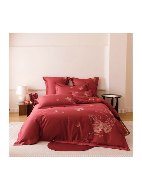 4 Seasons Collection Duvet Cover Set Double 220x240cm Embroidery 2 Pillowcases & 1 Bed Sheet Red