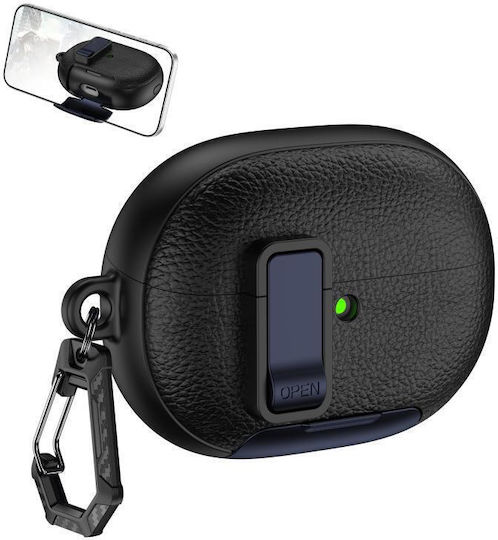 Huawei FreeBuds Pro 5 Earbuds Case Leather Texture With Hook Dark Black Dark Blue