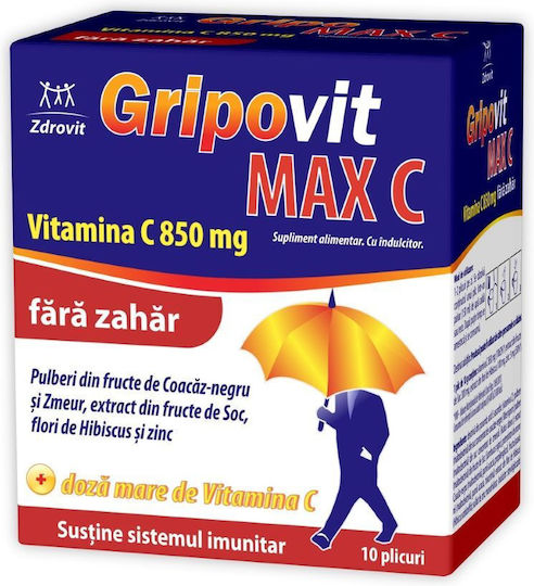 Zdrovit Gripovit Max C Fără Zahăr Vitamina Pentru Întărirea Imunității Pielii Și Acțiune Antioxidantă Fără Zahăr 10 Plicuri