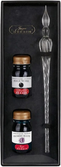 Jacques Herbin Set Calligraphy Transparent Glass Fountain Pen with Black Ink