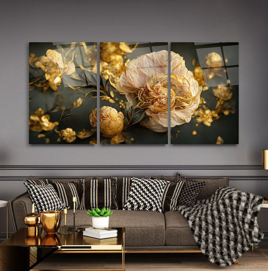 Dreifach Glas Gemälde Set Mit Blumen Anthrazit Und Goldene Details (50x70cm)