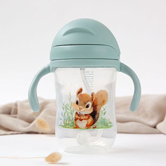 Kiokids Children's Cup with Handles and Straw Squirrel Silicone Green 300ml for 6m+