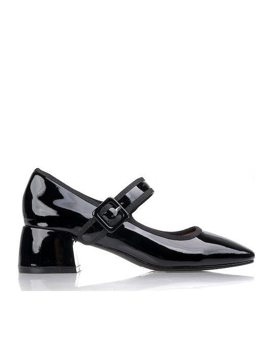 Pointed Toe Heels from Patent Leather with Strap & Mid Heel Black
