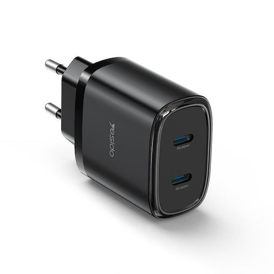Yesido Charger with 2 USB-C Ports and USB-C - Lightning Cable 20W Power Delivery Black (YC54)