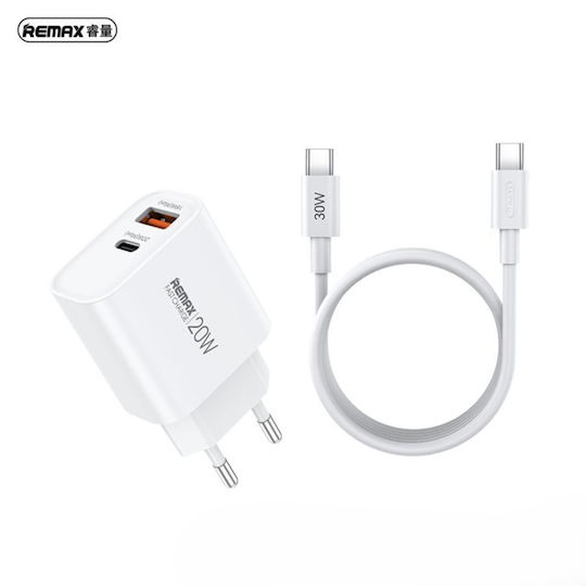 Remax Φορτιστής με Θύρα USB-A και Θύρα USB-C και Καλώδιο USB-C - USB-C 20W Quick Charge 3.0 Λευκός (RP-U120)