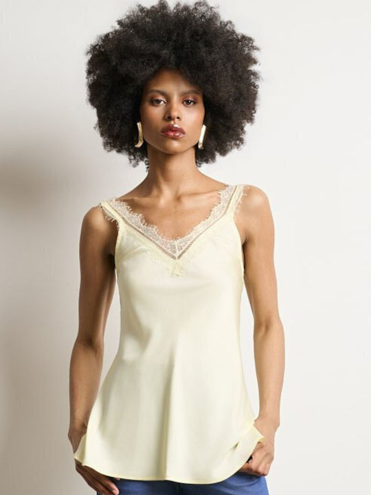 Women's Satin Blouse with Spaghetti Straps & V-Neckline Yellow