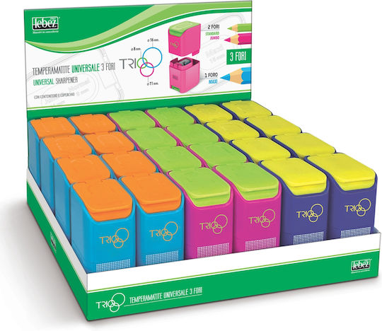 Pencil Sharpener 3 Holes Trio Container 3 Colors 24 Pcs Display