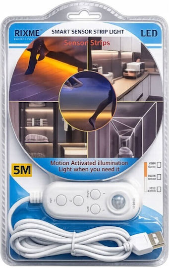 Bandă LED USB 5V Lumină Alb Cald 3m cu Senzor de Mișcare Sursă de Alimentare și Telecomandă