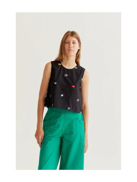 Women's Cotton Sleeveless Floral Black Blouse