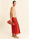 Linen Pleated Midi Skirt Red