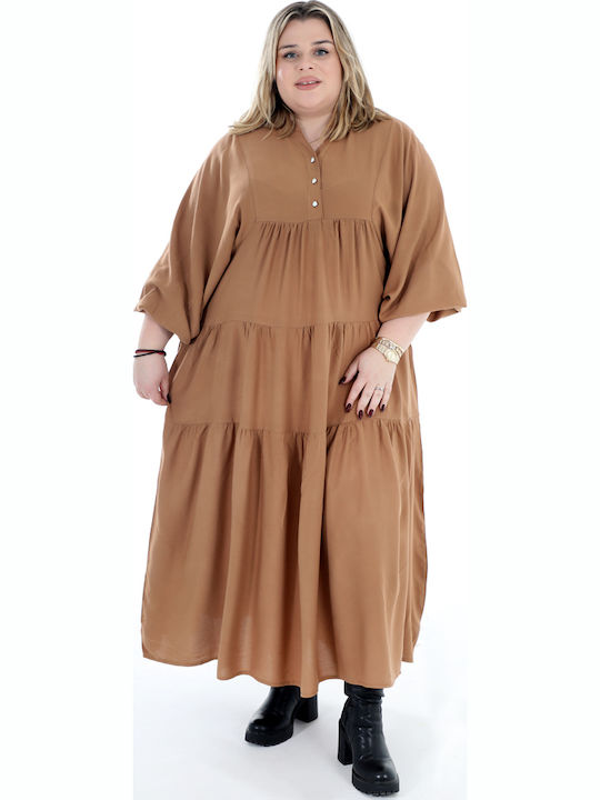 Maxi Shirt Dress with Ruffles Tabac