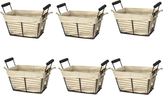 Set 6 Rectangular Bread Serving Baskets Raki 21.5x10x15cm Wooden Handles Made Metal Fabric