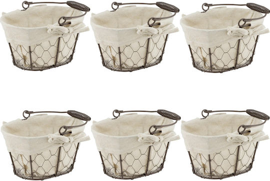Set 6 Oval Bread Serving Baskets Raki 20x15x12cm Handle Made Metal Fabric