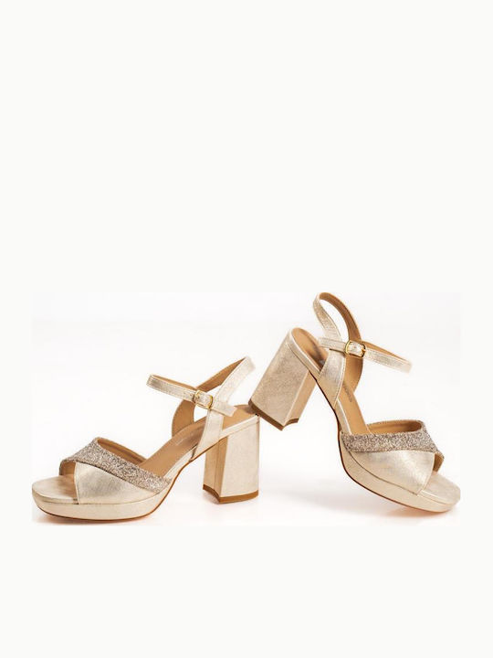 Zak Women's Gold Sandals Strass on Strap Block Heel