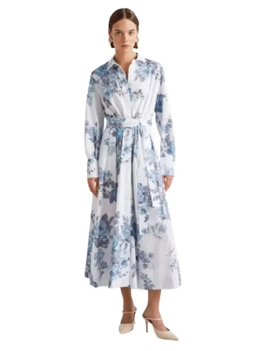 Summer Midi Shirt Dress Long Sleeve Light Blue