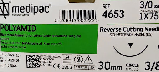 Medipac Ράμμα Polyamid 3/0 75cm 30mm 3/8 Κόπτουσα 4653