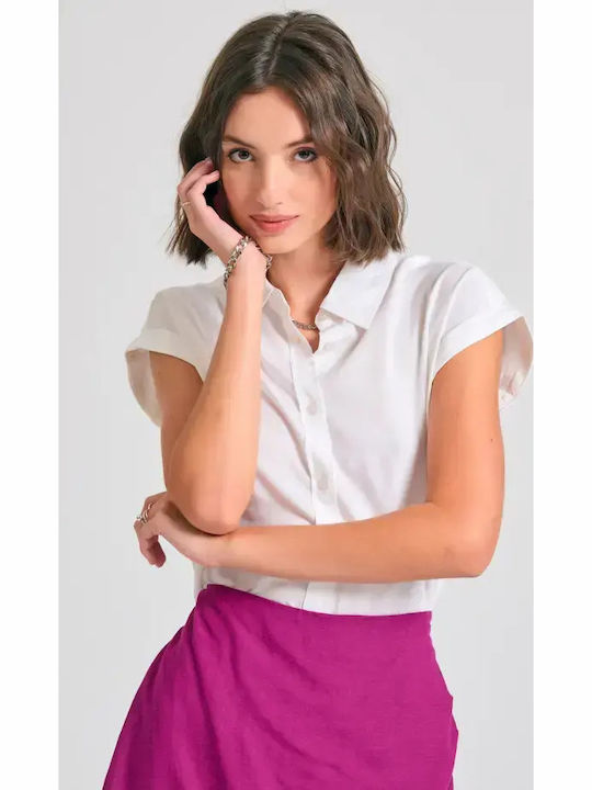 Funky Buddha Cămașă Denim De Damă Cu Mâneca Scurtă Alb