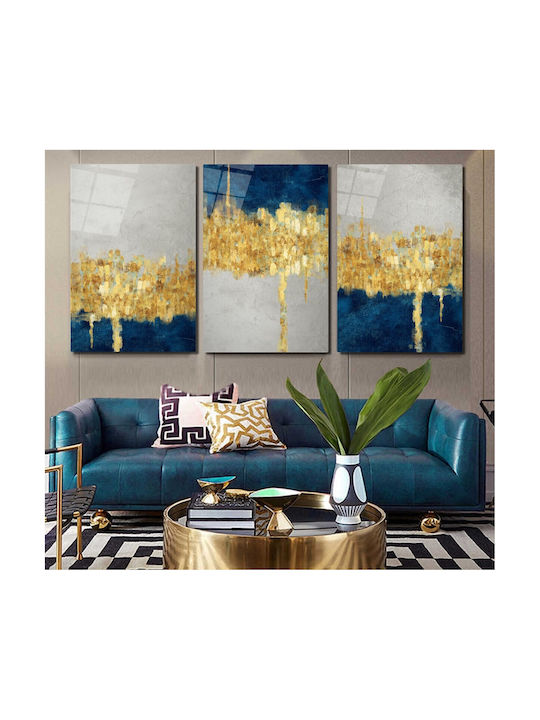 Threefold Glass Set of Abstract Art in Blue and Gold (60x90cm)