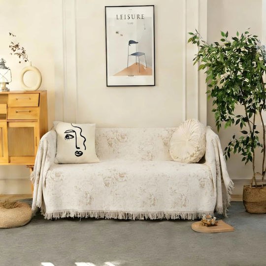 My Home Luxury Three-Seater Sofa Throw Jacquard 180x280cm Ecru