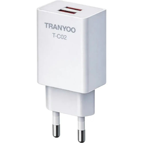 Tranyoo Φορτιστής Χωρίς Καλώδιο με 2 Θύρες USB-A 14W Λευκός (T-C02)