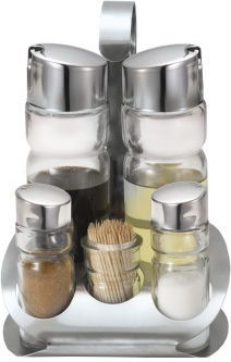 Set Raki Lux Line Ulei De Măsline Suport Din Oțel Inoxidabil 2 Sticle Ulei Oțet 160ml Solnițe Sare Piper 35ml Suport Pentru Scobitori