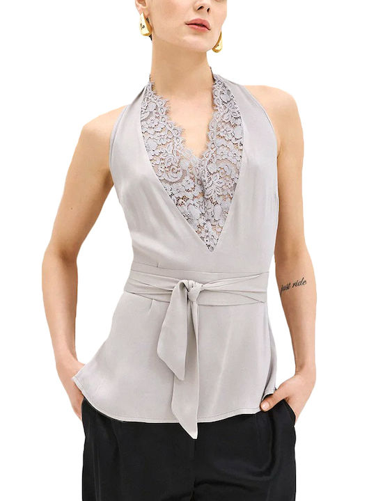 Women's Satin Sleeveless Blouse with Neck Tie Gray
