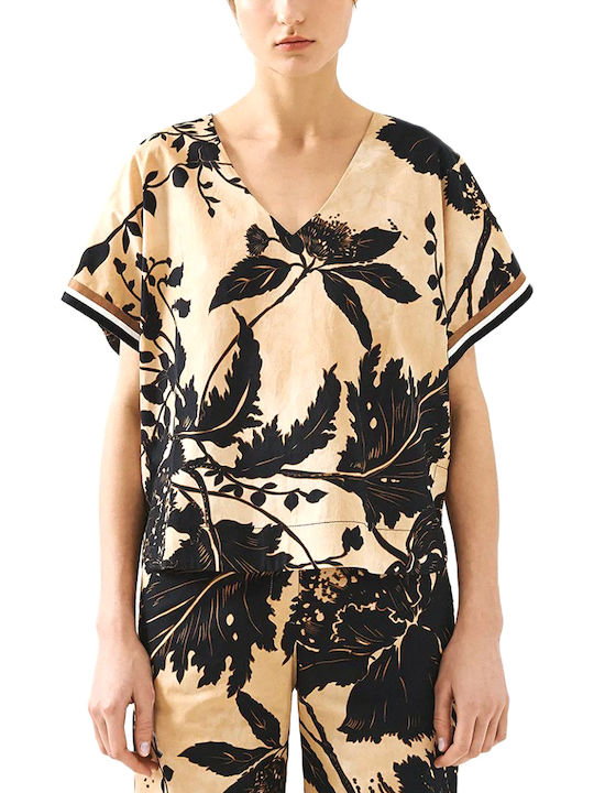 Women's Summer Cotton Short Sleeve Blouse with V-Neck Floral Brown