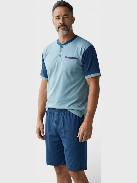 Ανδρική Πιτζάμα Καλοκαιρινή Collection 100% Βαμβάκι Δύο Παντελόνια Μπλε Cl2692-1-1-μπλε