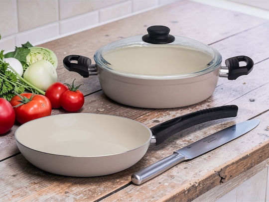 Set De Gătit 3 Piese Cu Tigaie Și Oală Joasă Cu Capac Din Sticlă Bej 26cm