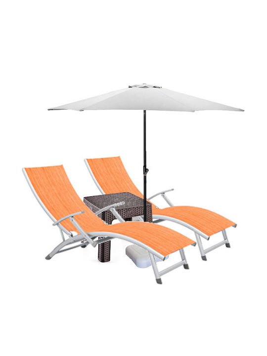 Șezlong Aluminiu Portocaliu Set cu Masă 2 Bucăți 170x52 cm