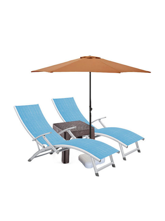 Șezlong Aluminiu Albastru Set Cu Masă 2 Bucăți 170x52cm