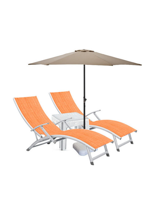 Șezlong Aluminiu Portocaliu Set Cu Masă 2 Buc 170x52cm