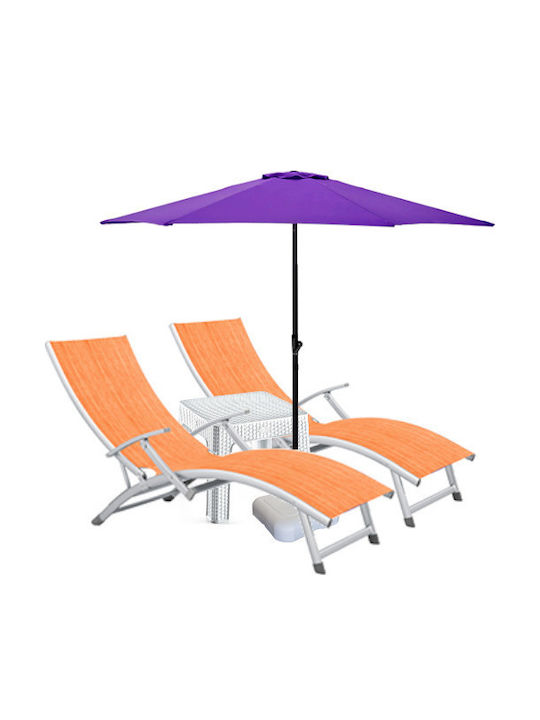 Șezlong Aluminiu Portocaliu Set Cu Masă 2 Bucăți 170x52cm