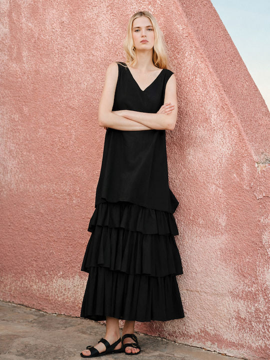 Sommer Midi Damenkleid mit Rüschen Schwarz
