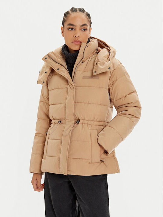 Μακρύ Γυναικείο Puffer Μπουφάν για Χειμώνα Beige