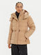 Μακρύ Γυναικείο Puffer Μπουφάν για Χειμώνα Beige