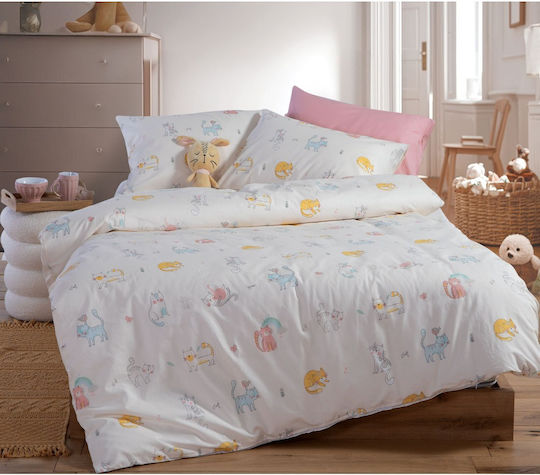 Nef-Nef Homeware Сет Единични Памучни С чаршафи Cat Life Екрю 170x260cm 3 броя